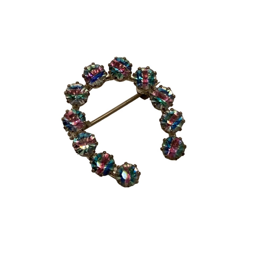 Vintage Iris Rhinestone‎ European Silver Horseshoe Brooch